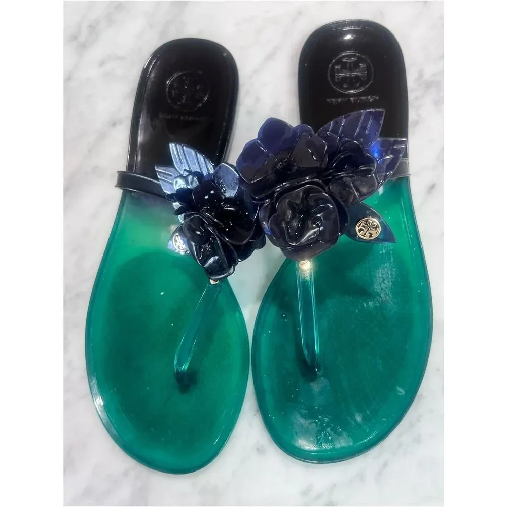 Tory Burch Blossom Jelly Blue Green Flip Flop Resort Coastal Flower Sandals 7